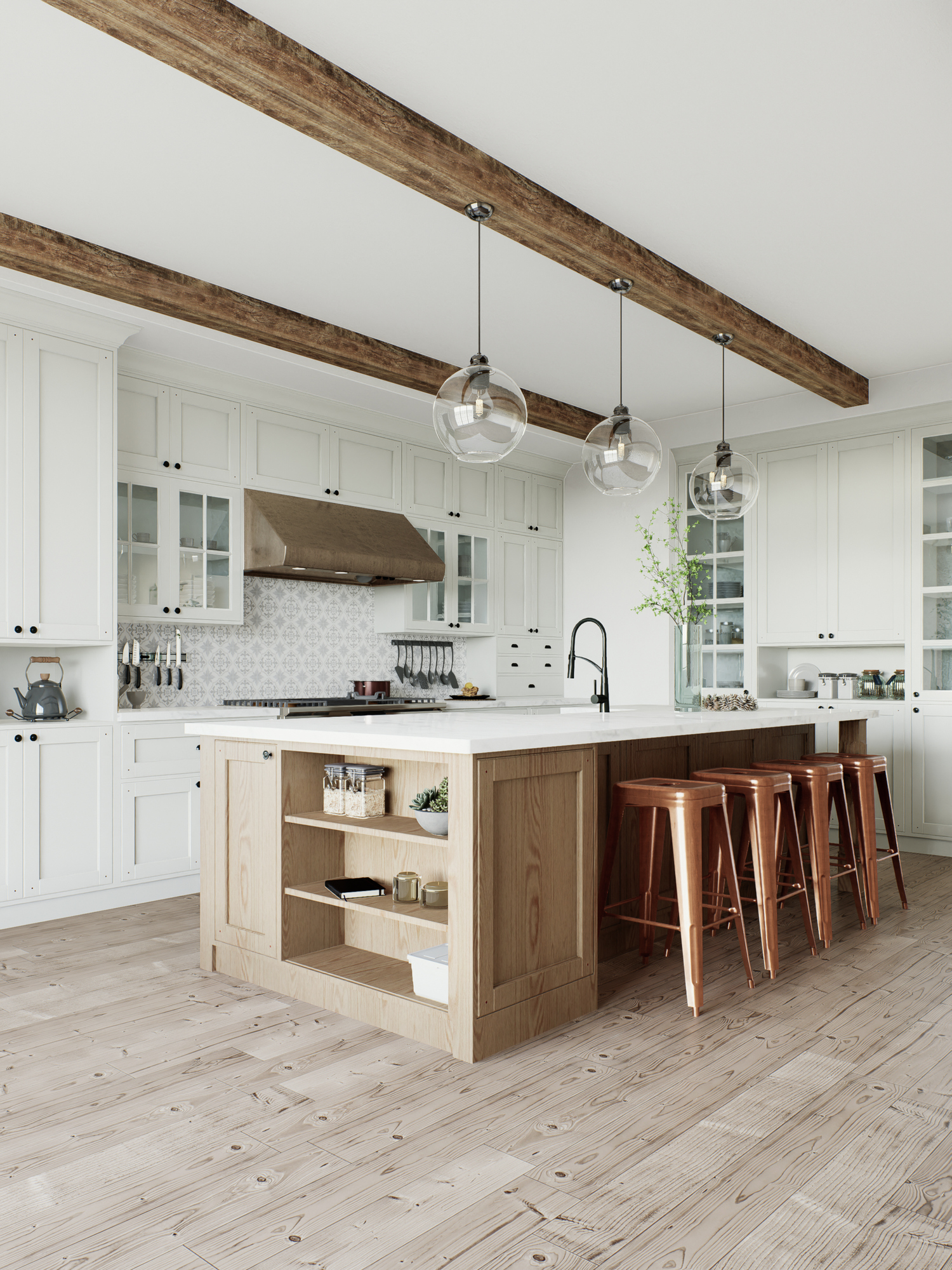 Farmhouse kitchen with exposed beams and open shelving
