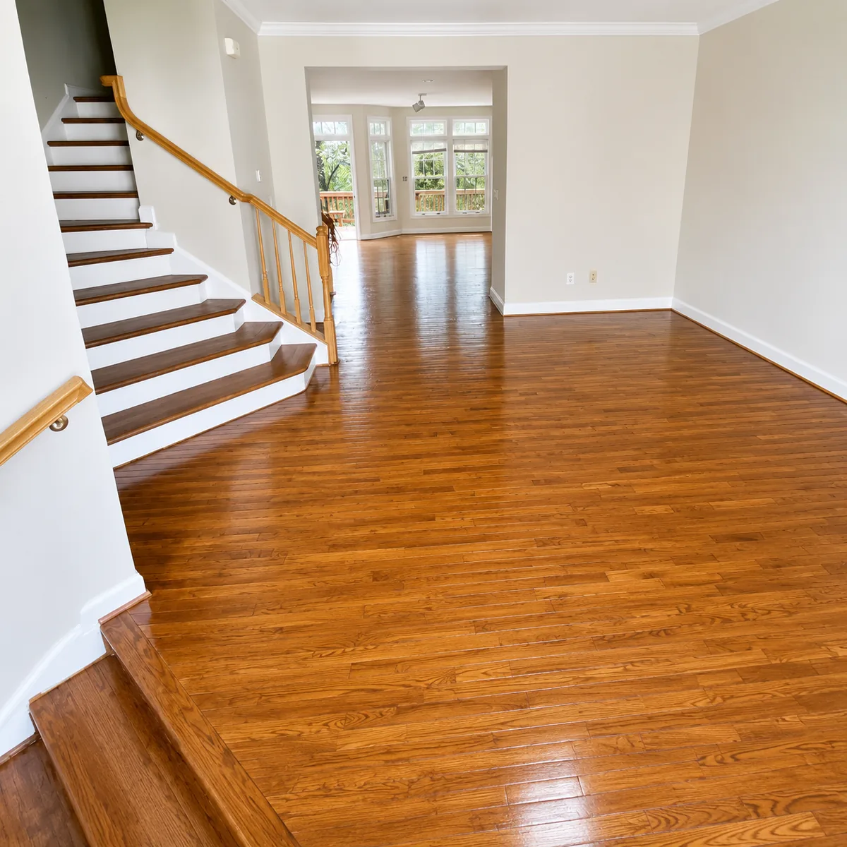 Entryway remodel with refinished hardwood floors and open staircase