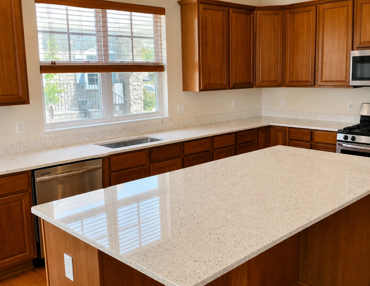 Kitchen remodel with cherry wood cabinets and speckled quartz island
