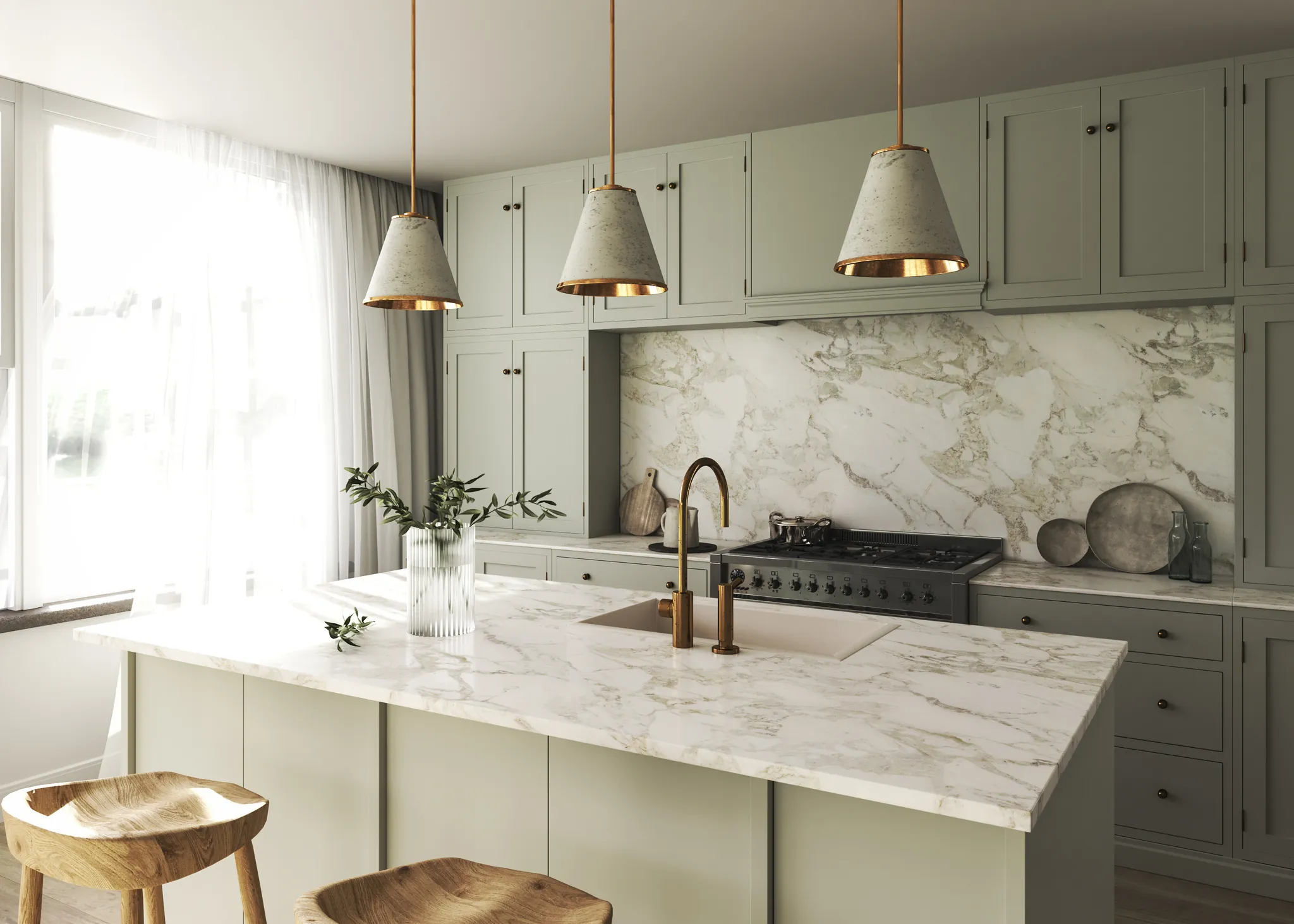 Sage green kitchen with marble backsplash